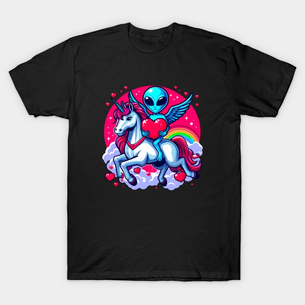 Funny Valentine Day Believer Ufo Alien Riding Unicorn T-Shirt by Outrageous Flavors